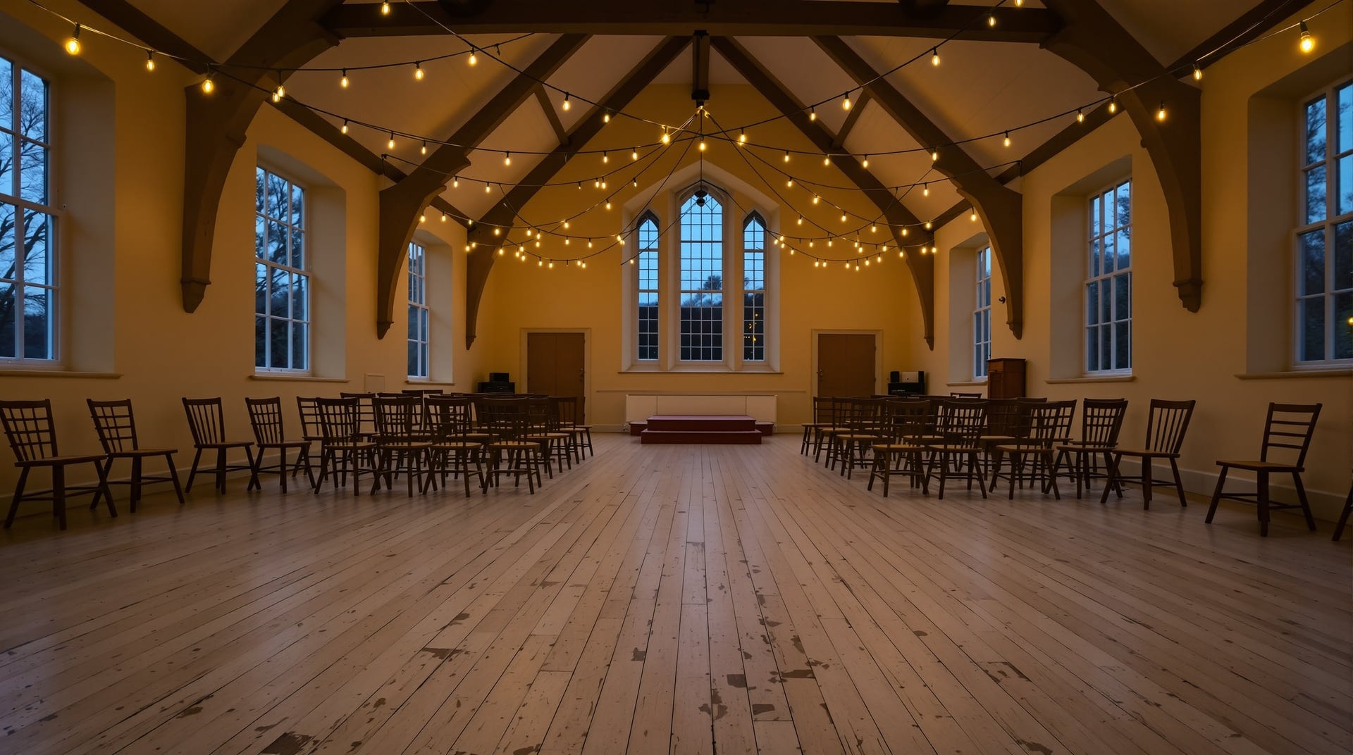 An empty parish hall with a wide wooden floor, chairs pushed back to the walls and strings of small lights overhead