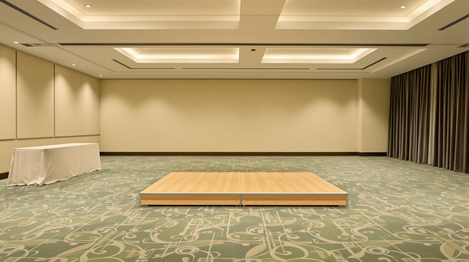 A portable wooden competition stage platform standing in an empty hotel function room