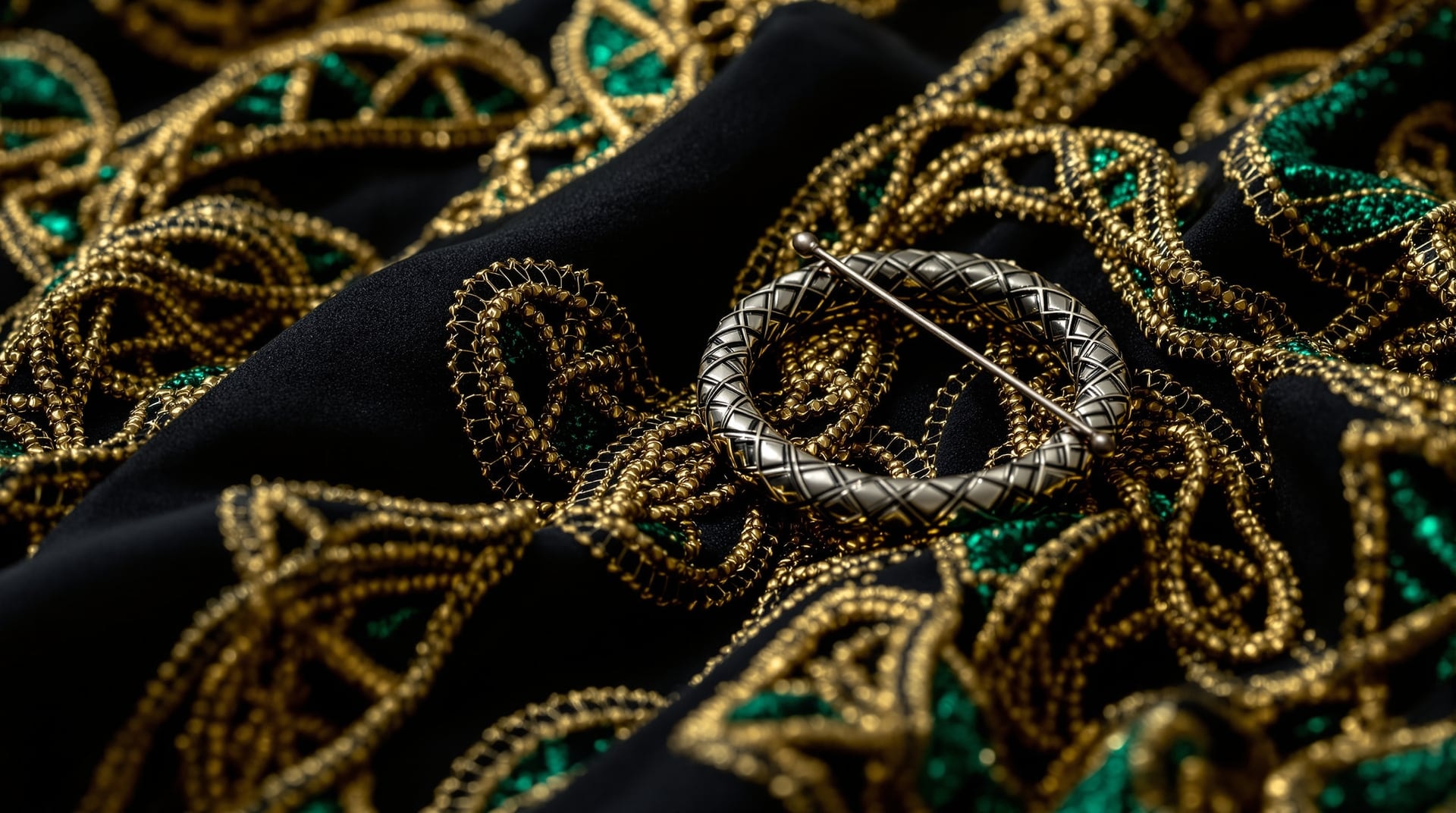 Macro photograph of hand-embroidered gold and emerald Celtic interlace on heavy black velvet with a silver penannular brooch resting on the fabric