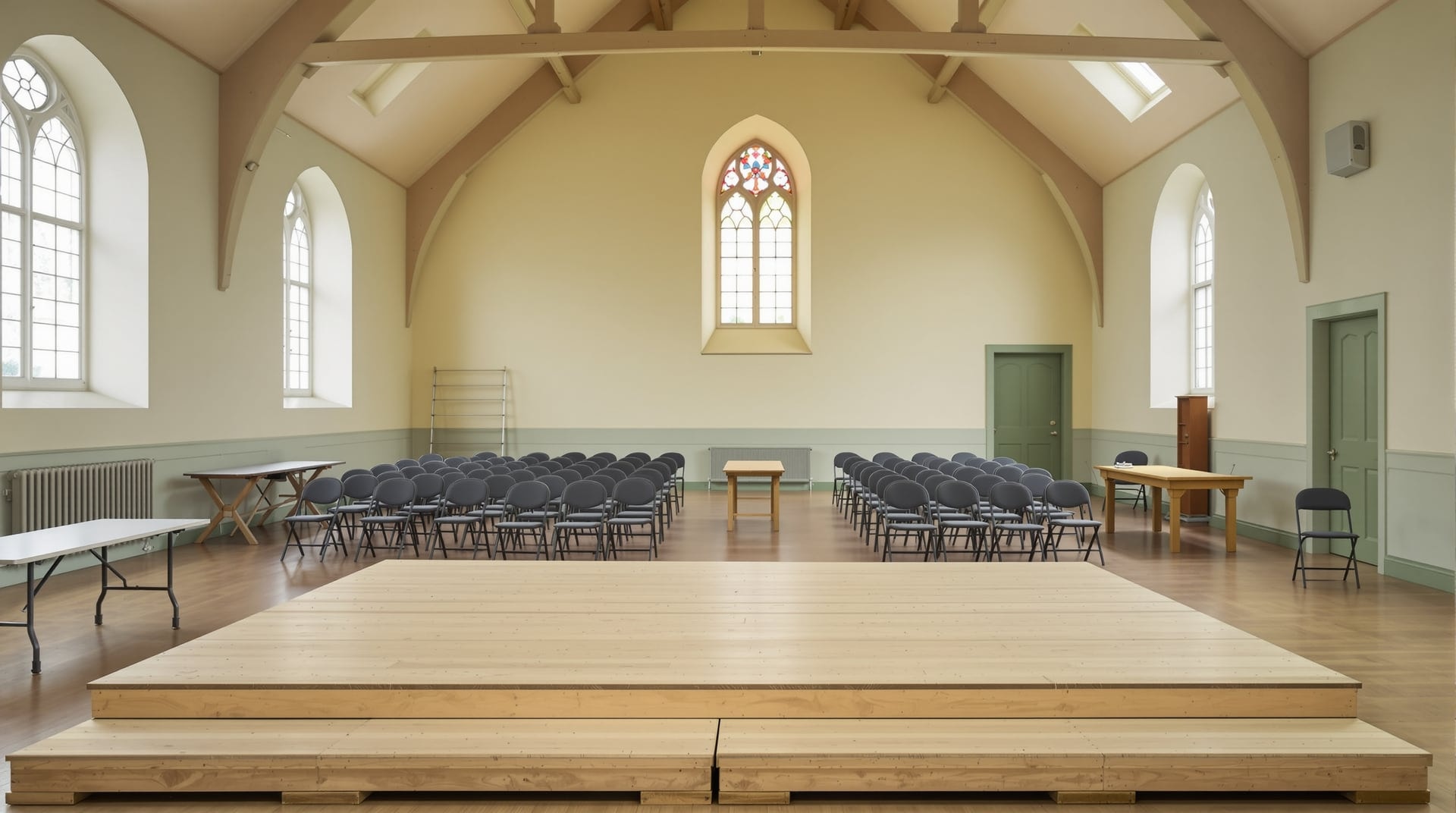 An empty parish hall set up for a one-day competition, with a low wooden stage platform and rows of folding chairs