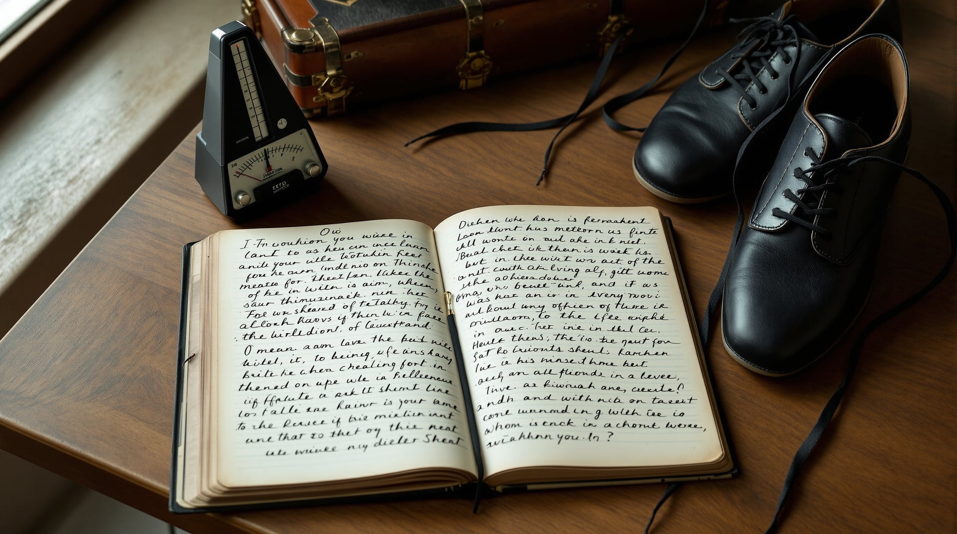 A handwritten notebook of dance step notation open on a table beside a metronome and a pair of soft leather ghillies