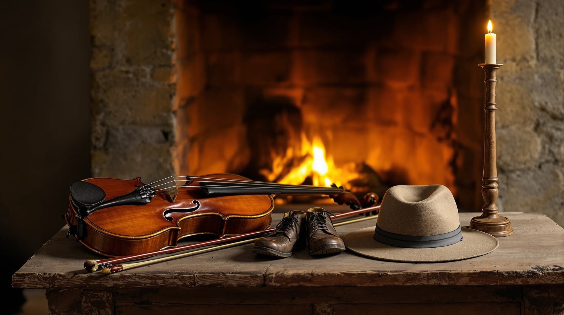 A fiddle and bow, worn leather shoes and a felt hat on a rough wooden table before a lit stone hearth, lit by a single candle