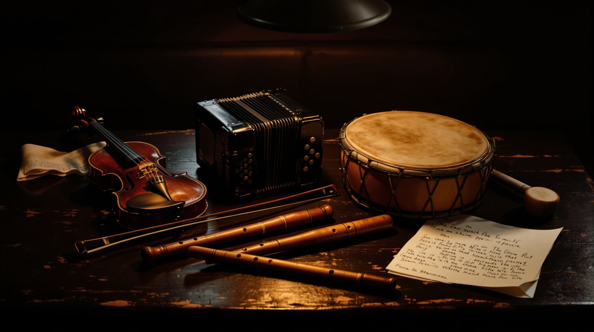 A fiddle and bow, a button accordion, a wooden flute and a frame drum arranged on a dark pub table beside handwritten tune notation