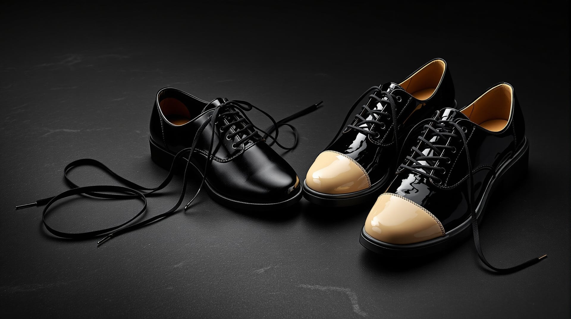 Soft black leather lace-up dance shoes beside patent hard shoes with pale fibreglass toe tips, on dark slate
